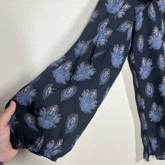 Kobi Halperin Womens Black Blue Paisley Ruffle Lace Up Sill Blouse Size Large - Picture 6 of 10